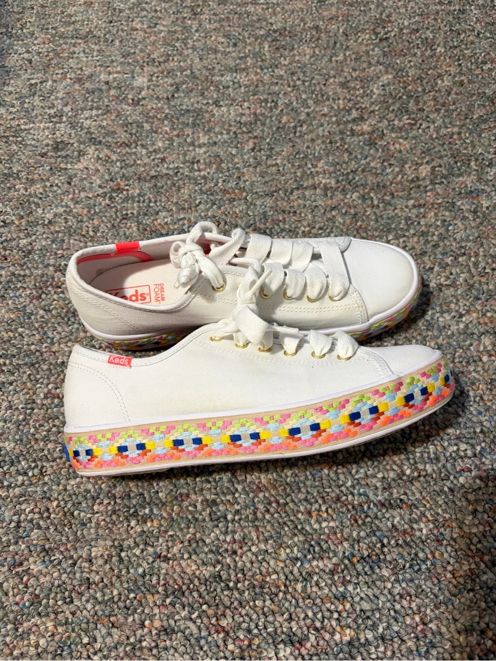 Keds White Canvas Sneakers with Multicolor Embroidered Platform